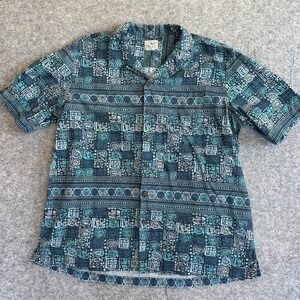 L.L.Bean Shirt Mens XL Blue Geometric Tribal AOP‎ Camp Loop Collar Short Sleeve